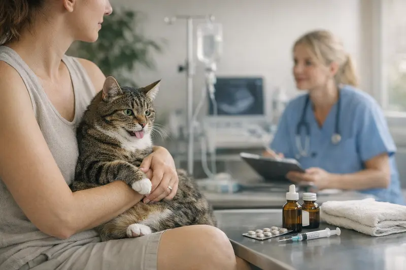 Tierärztliche Untersuchung für Katzen im Sommer Eine Katze beim Tierarzt, die eine Untersuchung für eine optimale Sommervorsorge erhält.