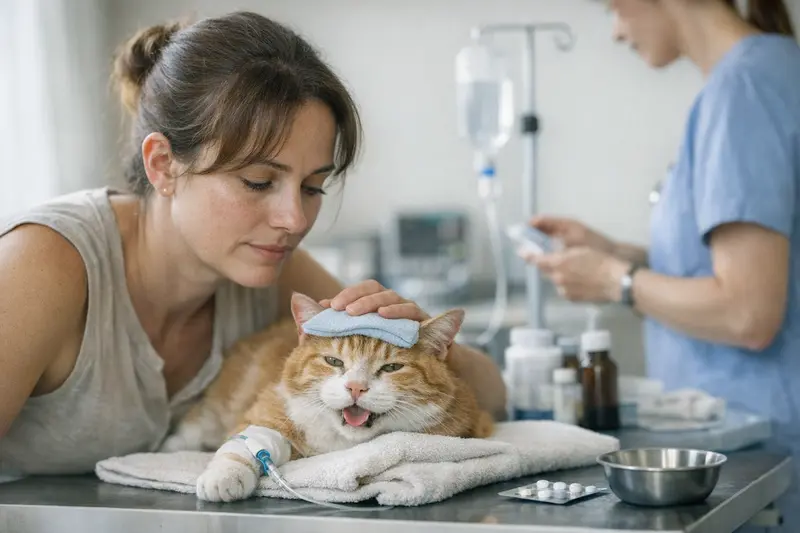 Tierarztkosten bei Hitzeproblemen bei Katzen Katze wird vom Tierarzt untersucht, um Hitzeprobleme zu diagnostizieren.