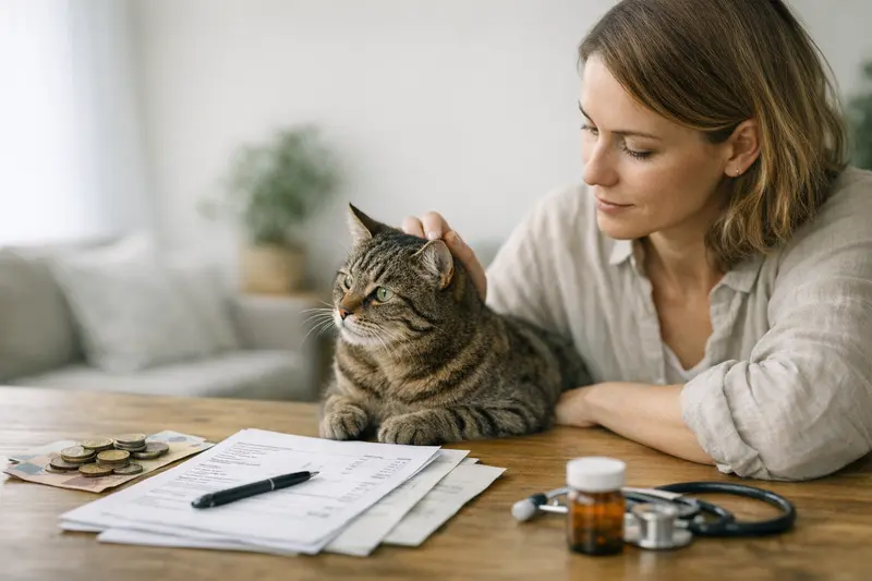 Tierarztbesuch einer Katze - Selbstbeteiligung Eine Katze beim Tierarzt, die untersucht wird, während der Besitzer Fragen zur Selbstbeteiligung der Katzenkrankenversicherung stellt.