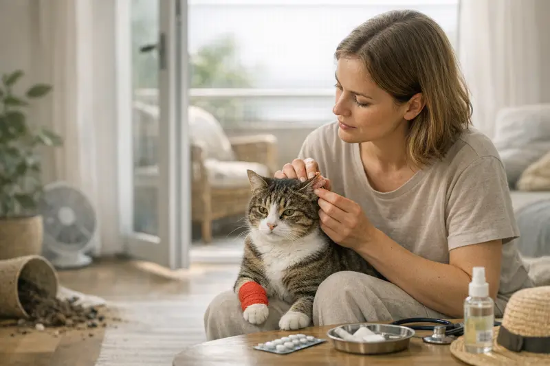 Katzenversicherung für Wohnungskatzen im Sommer Eine Wohnungskatze entspannt auf einem Fensterbrett im Sommer, während die Sonne scheint.