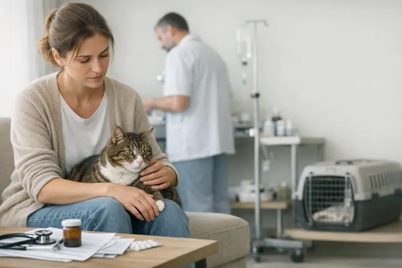 Tierärztliche Untersuchung für Katzen vor operativen Eingriffen Katze liegt entspannt auf einem Tierarzttisch während einer Untersuchung zur Vorkontrolle vor einer Operation.