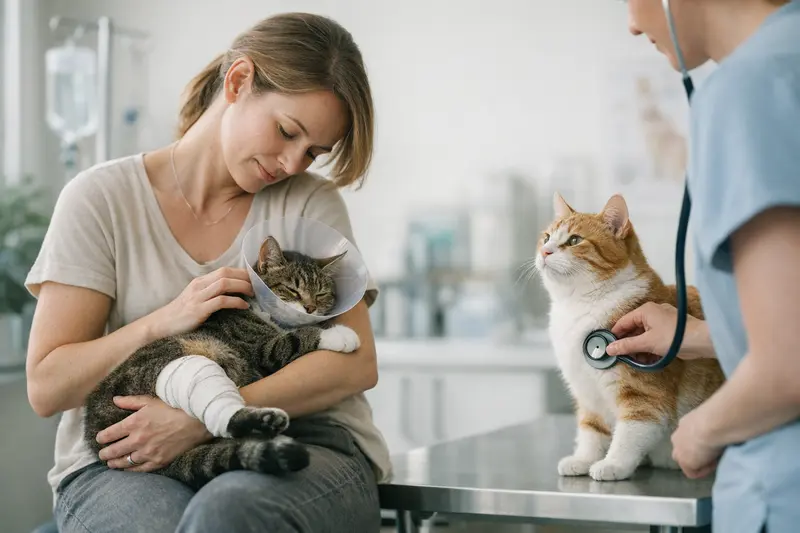 Tierarztbesuch einer Katze im Sommer Eine Katze beim Tierarzt, symbolisiert die Notwendigkeit von medizinischer Absicherung im Sommer.