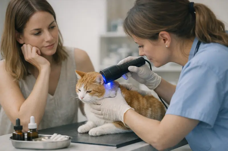 Tierärztliche Untersuchung für Katzen Eine Katze erhält eine tierärztliche Untersuchung auf Haut- und Sonnenprobleme.