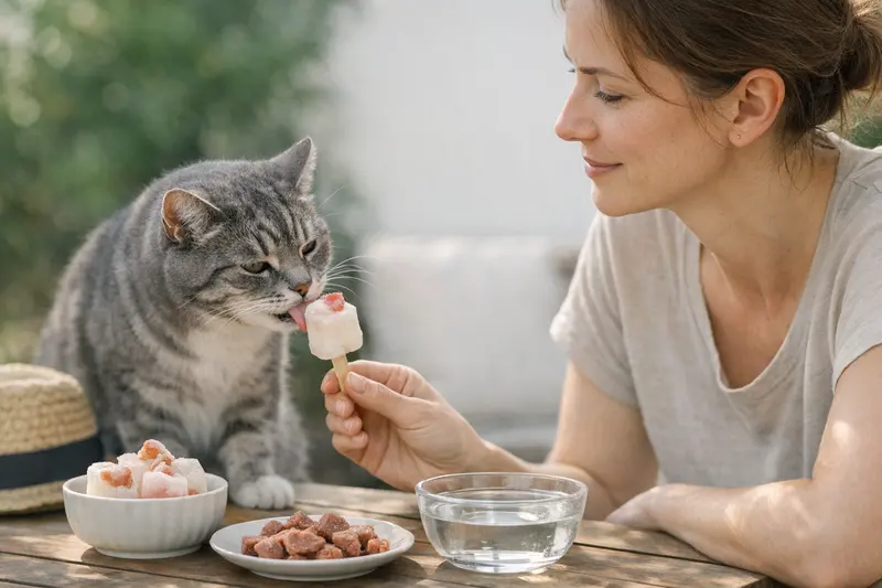 Katzen genießen katzengerechtes Eis an einem sonnigen Sommertag.