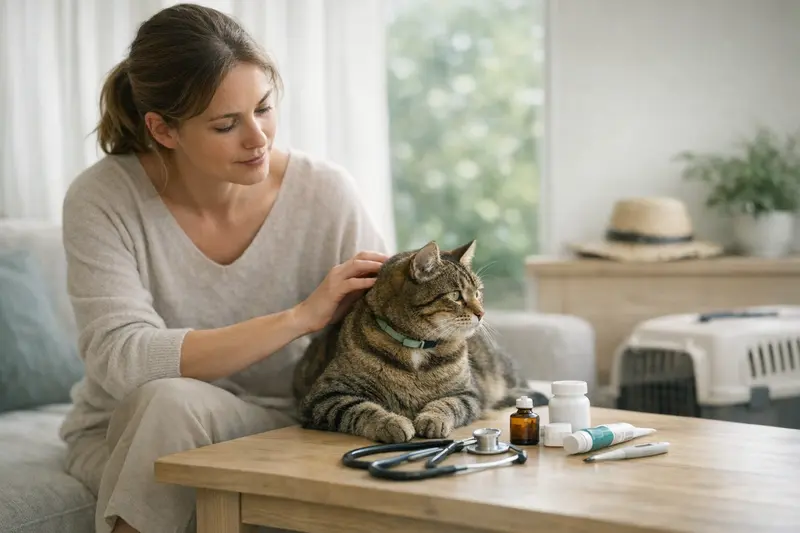 Sommer-Risiken für Katzen und OP-Schutz Eine Katze sitzt auf einer Wiese und genießt die Sonne, während der Tierhalter sich über Sommer-Risiken und Versicherungen informiert.