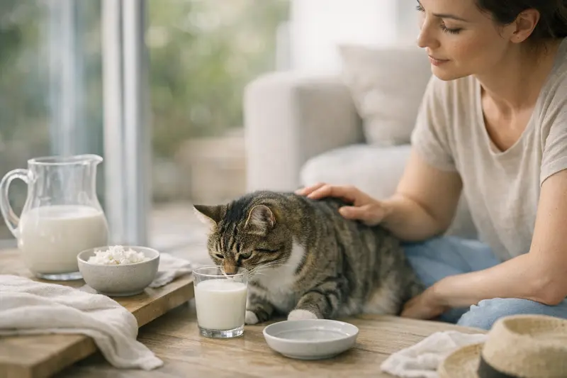 Katze skeptisch zu Milchprodukten Katze schaut skeptisch auf eine Schüssel Milch, die vor ihr steht.