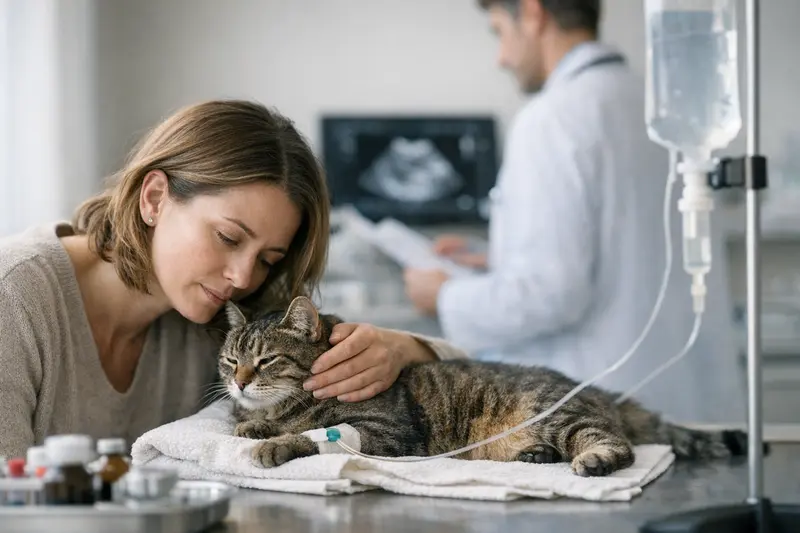 Tierarztkosten bei Magen-Darm-Problemen Tierarzt untersucht Katze mit Magen-Darm-Problemen und erklärt die möglichen Kosten