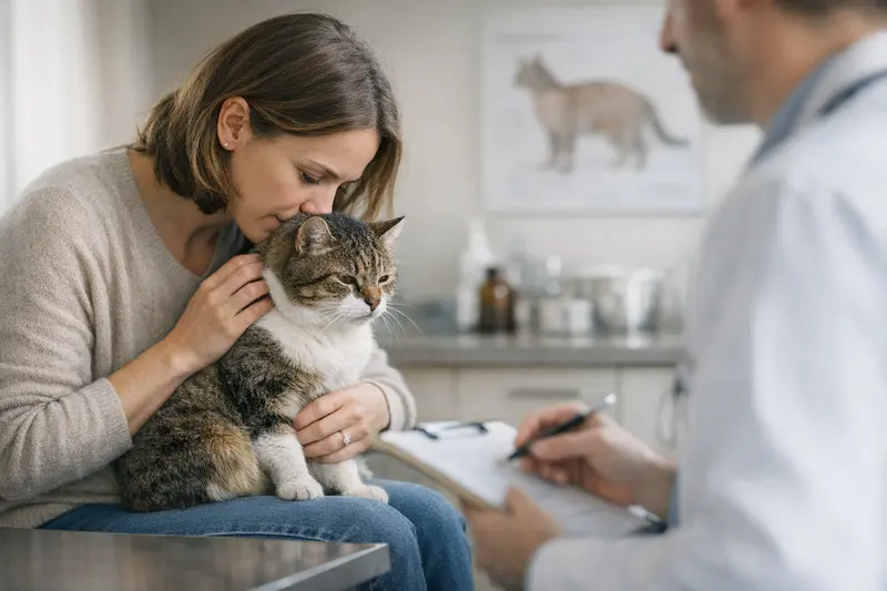 Katzenarztbesuch wegen starkem Geruch Katzengesicht mit nachdenklichem Ausdruck, das auf einen Tierarztbesuch vorbereitet wird