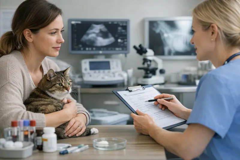 Tierarztkosten bei der Katzenuntersuchung Tierarzt untersucht eine katze und erläutert mögliche Kosten für Untersuchungen und Behandlungen.