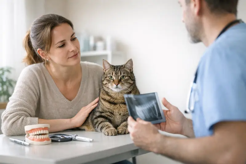 Katzengesundheit und Tierarztkosten Eine Katze beim Tierarzt, die Diagnosekosten für eine Katzenversicherung erläutert.