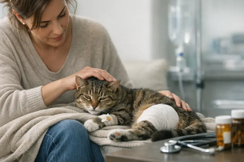 Katzenunfall und OP-Tarif Eine besorgte Katzenhalterin betrachtet ihre Katze nach einem Unfall, während sie über die Bedeutung eines OP-Tarifs nachdenkt.