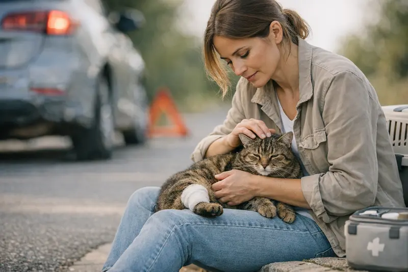 Eine Katze, die sich nach einem Verkehrsunfall in der Tierarztpraxis erholt.