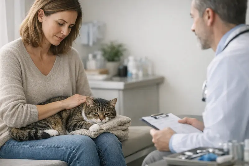 Eine katzenfreundliche Tierärztin untersucht eine Katze, um ihre gesundheitlichen Symptome zu klären.