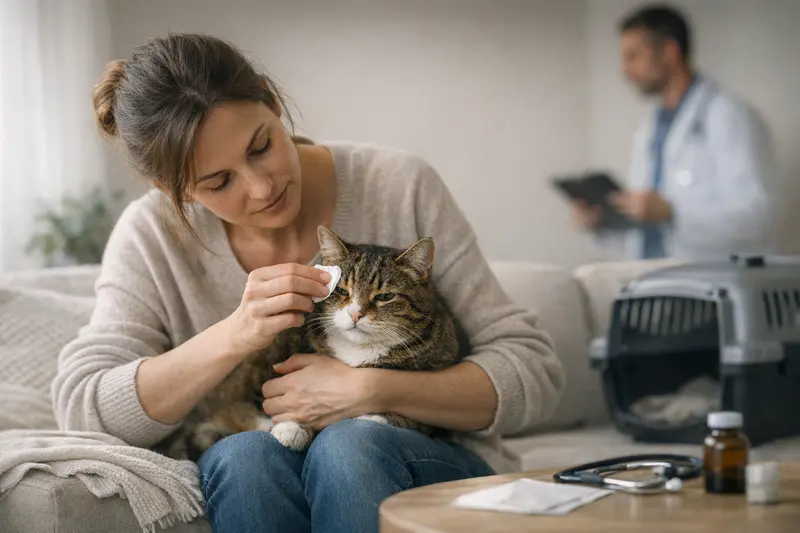 Katzenarzt Untersuchung Ausfluss Katzenarzt untersucht eine Katze auf Anzeichen von klarem oder gelblichem Ausfluss.