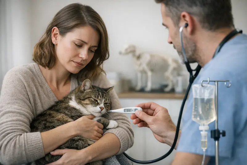 Katzenalarmzeichen erkennen Eine besorgte Katzenhalterin beobachtet ihre kranke Katze mit Symptomen wie Fieber und Mattigkeit.