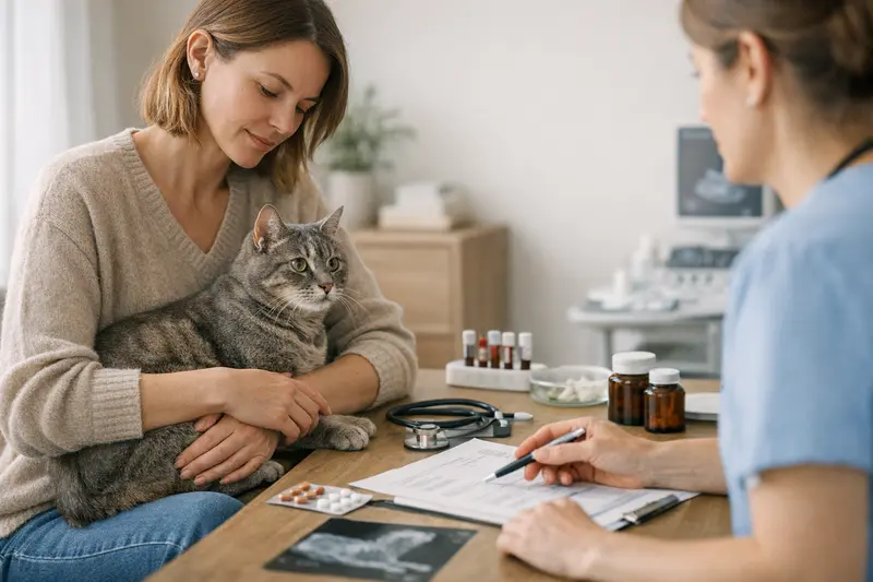 Gesunde Katze beim Tierarzt zur Untersuchung, um wichtige Aspekte beim Tarifvergleich der Katzenkrankenversicherung zu besprechen.