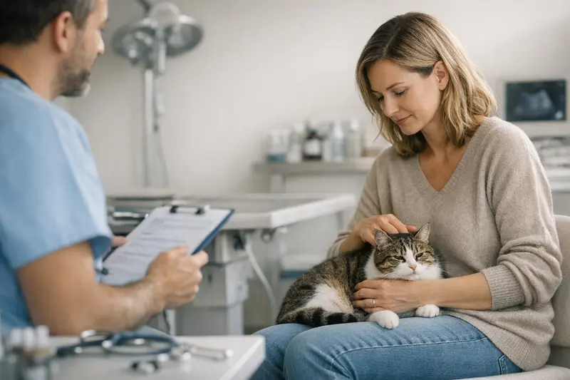Katzenbesitzerin spricht mit Tierarzt über OP-Versicherung für Katzen