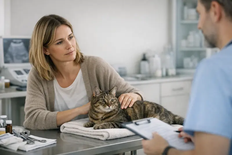 Tierarztbesuch für Katzen zur Gesundheitssicherung Katzengesundheit im Fokus: Eine Katze mit Tierarztbesuch zur Untersuchung.