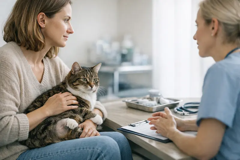 Eine Katze wird in einer Tierarztpraxis behandelt, um die Notwendigkeit einer OP-Versicherung zu verdeutlichen.