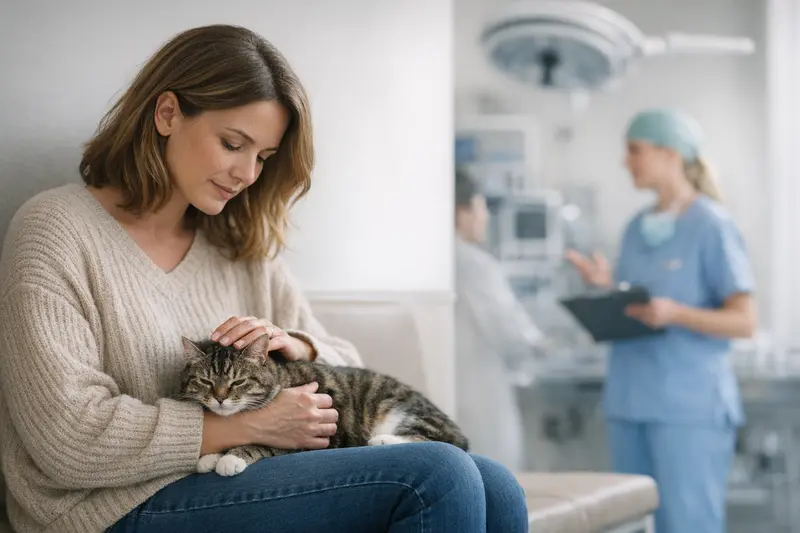 Katzenhalter mit Katze beim Tierarzt zur Untersuchung
