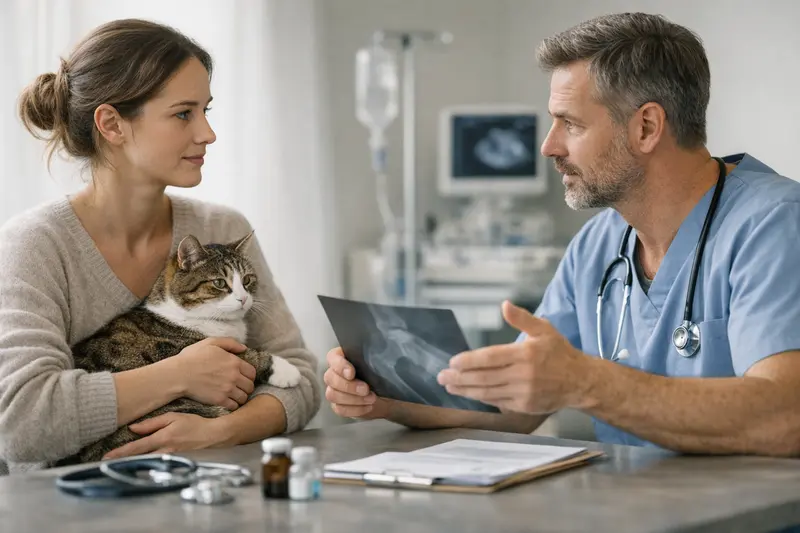 Tierarzt bei der Untersuchung einer Katze, die unerwartet hohe Kosten verursacht.