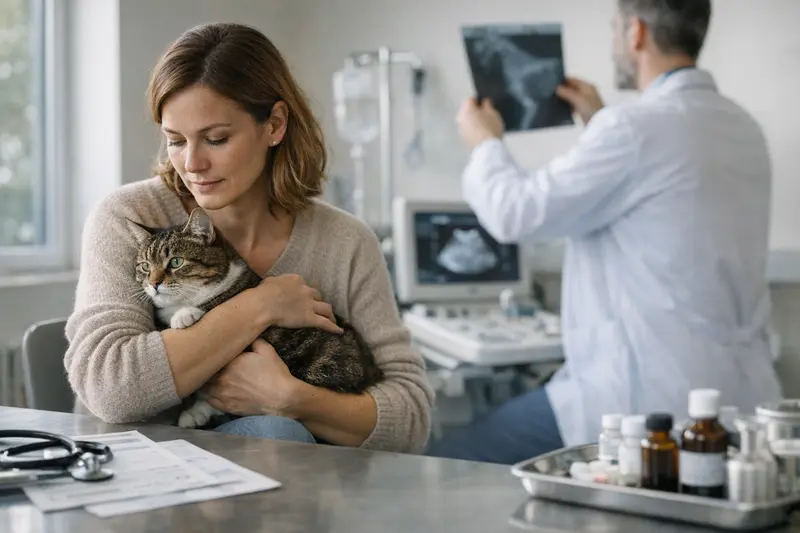 Eine besorgte Katzenhalterin bespricht die hohen Tierarztkosten mit einem Veterinär.