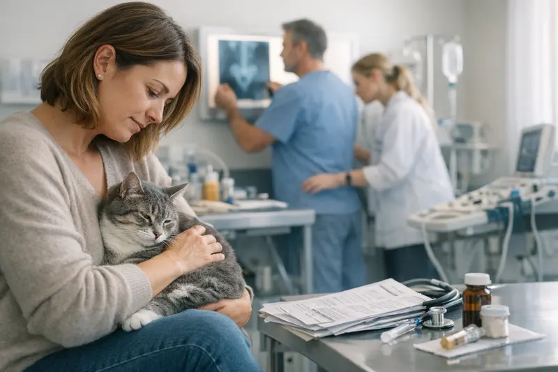 Tierarztrechnung Katzen Gesundheit Katzenarzt untersucht eine Katze mit verschiedenen medizinischen Geräten, um unerwartete Tierarztkosten zu vermeiden.