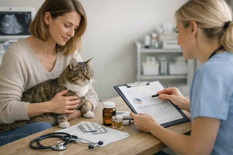 Wichtige Tarifdetails für Katzenversicherungen Katzenbesitzer vergleicht Versicherungsdetails für die Gesundheit seiner Katze, betrachtet Tarifdetails
