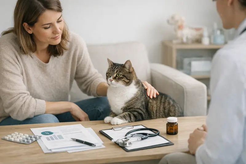 Katzengesundheit und Versicherung Tarifdetails Eine Katze beim Tierarzt, welche die wichtigsten Tarifdetails für eine Tierkrankenversicherung bespricht.