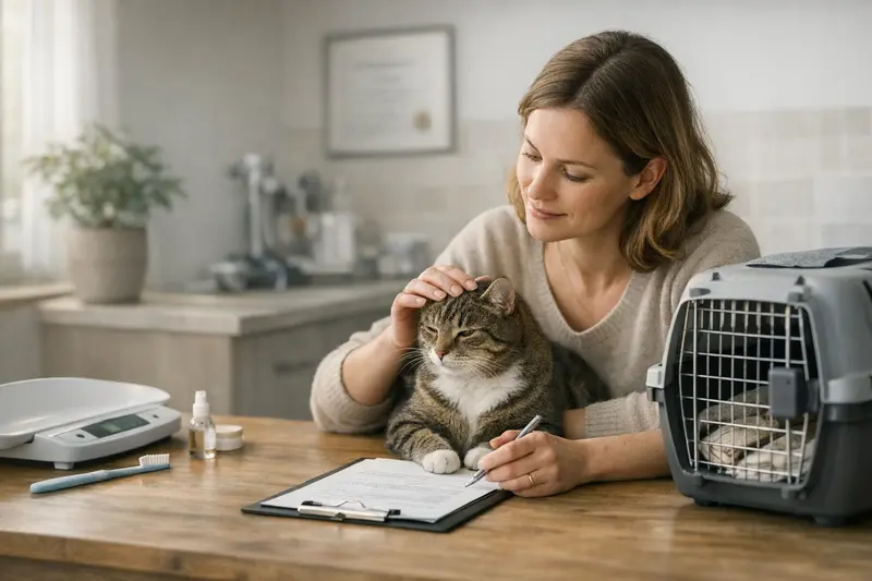 Tierarztbesuch einer Katze zur Gesundheitsvorsorge Eine gesunde Katze beim Tierarzt, die untersucht wird, um Tierarztkosten kalkulierbar zu machen.