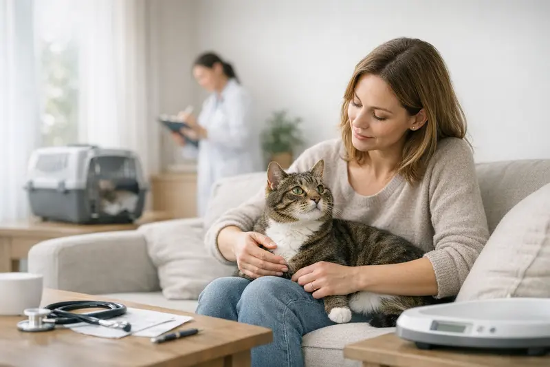 Katze in einer Tierarztpraxis bei der Untersuchung zur Gesundheitsvorbeugung