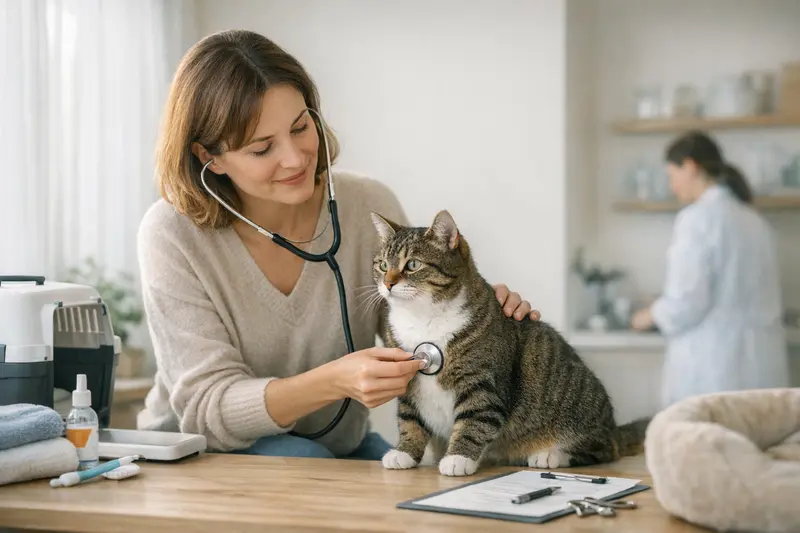 Katzengesundheit: Tierarztbesuch zur Vorsorge mit glücklicher Katze.