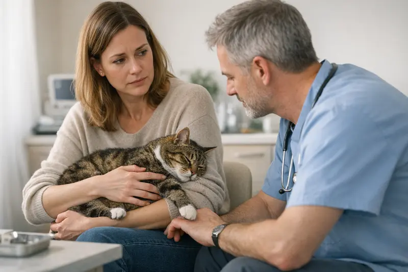 Katzen Notfall erkennen Eine besorgte Katzenbesitzerin hält ihre Katze und fragt sich, ob es sich um einen Notfall handelt.