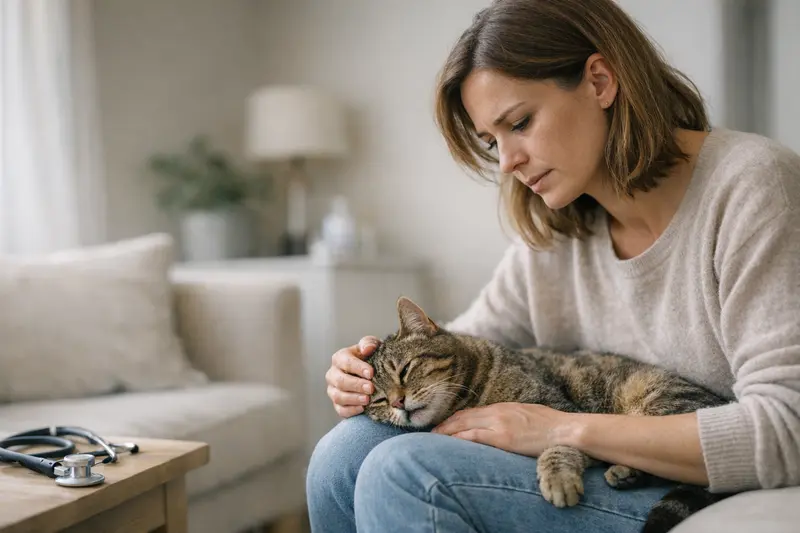 Katzen-Notfälle erkennen Eine besorgte Katzenhalterin hält ihre Katze in einem Notfall.