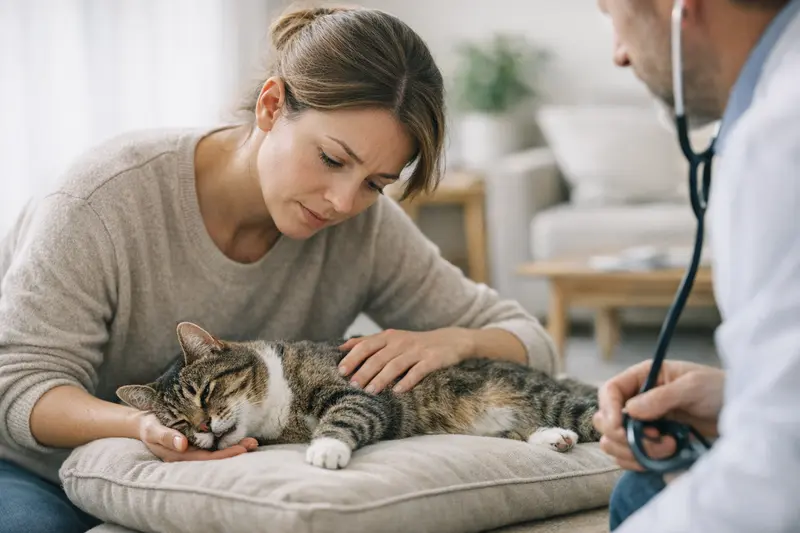 Eine besorgte Katzenbesitzerin überprüft ihre Katze auf Anzeichen eines Notfalls.