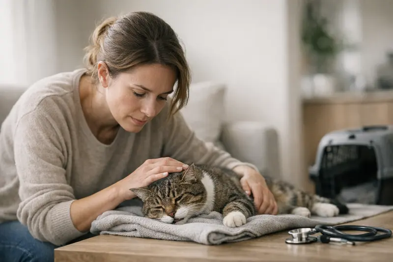 Eine Katze, die gesund und vital aussieht, während die Besitzerin besorgt auf sie schaut, um Anzeichen für einen Notfall zu erkennen.
