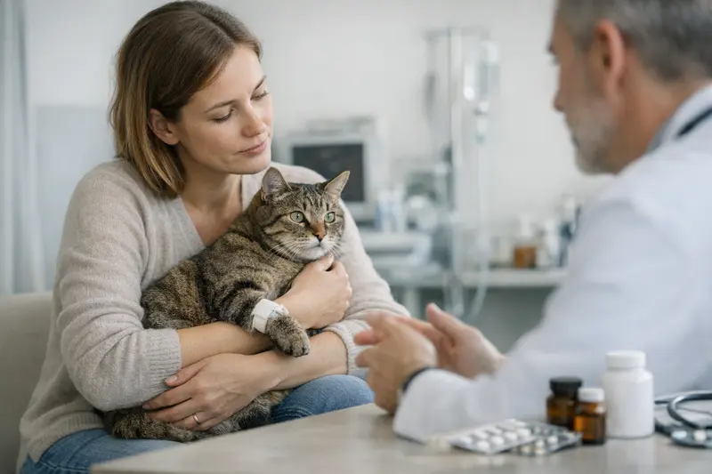 Katzenbesitzerin hält ihre Katze beim Tierarztbesuch