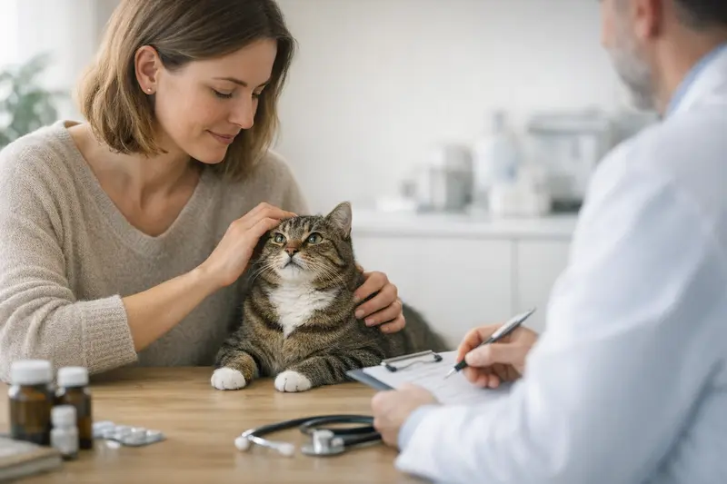 Eine Katze beim Besuch beim Tierarzt, die ihre Vorsorgeuntersuchung erhält.