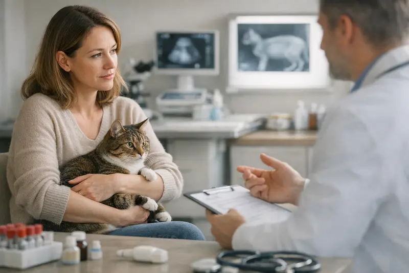 Tierarztkosten Katze Eine Katze beim Tierarzt zur Untersuchung bei unklaren Symptomen.