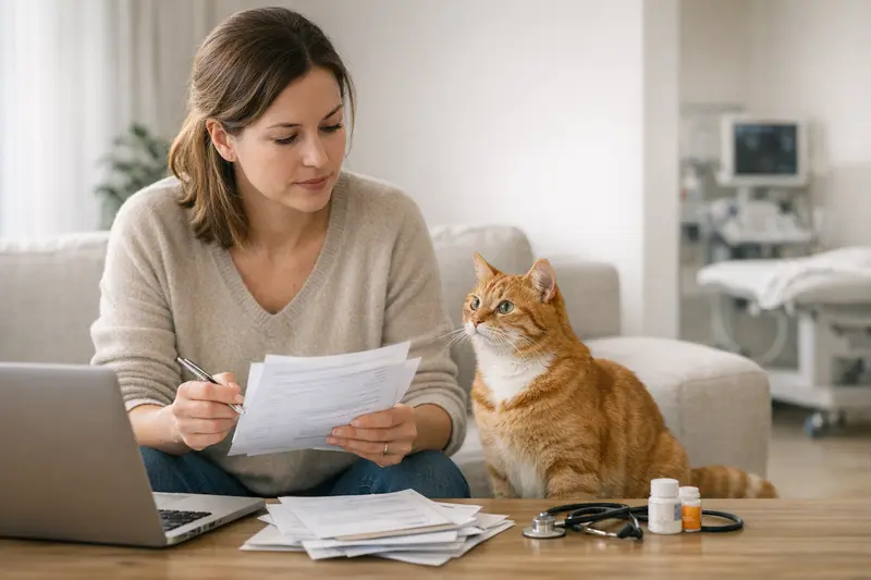 Ein Tierarzt, der einem Hund eine Untersuchung durchführt, während ein Katzenhalter Preise und Tarife vergleicht.