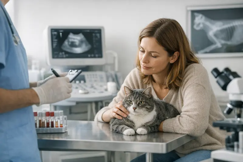 Tierarzt bei der Untersuchung eines Haustieres mit modernster Diagnosetechnik.