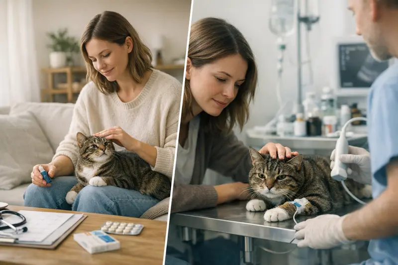 Ein Tierarzt erklärt einem Katzenhalter den Unterschied zwischen Vorsorgeleistungen und Behandlungskosten.