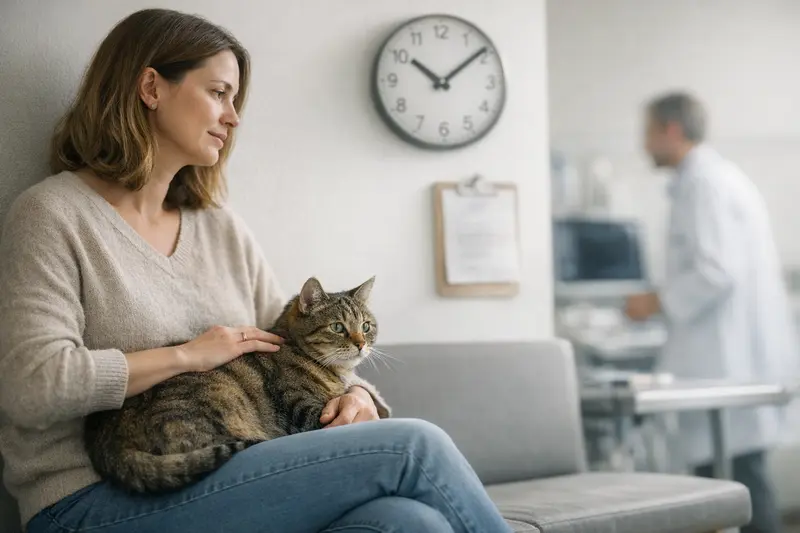 Katzenuntersuchung beim Tierarzt Eine Katze wird von einem Tierarzt untersucht, um zu klären, ob eine Krankenversicherung notwendig ist.