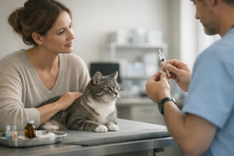 Tierarzt bei der Untersuchung einer Katze, um Impfungen und Vorsorgeleistungen zu besprechen.