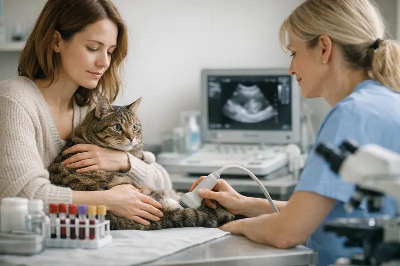 Tierarztuntersuchung einer Katze Eine Katze wird von einem Tierarzt untersucht, während eine Blutuntersuchung durchgeführt wird.