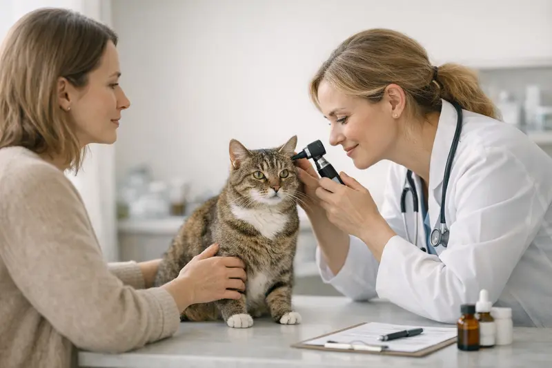 Katzenvorsorgeuntersuchung beim Tierarzt Eine Katze wird von einem Tierarzt während einer Vorsorgeuntersuchung untersucht.