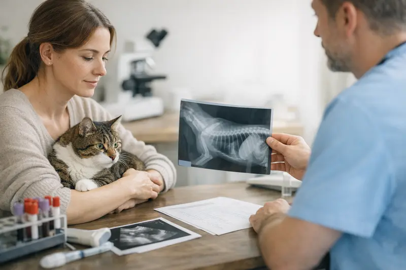 Bild eines Tierarztes, der Blutuntersuchungen bei einer Katze durchführt, um Diagnostik zu verdeutlichen.