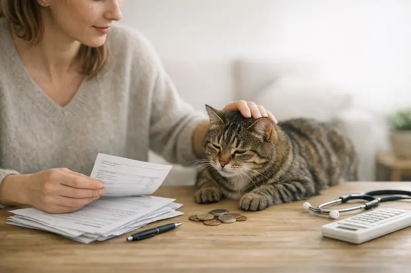 Eine Katze wird von einem Tierarzt untersucht, während das Thema Selbstbeteiligung in der Katzenkrankenversicherung besprochen wird.