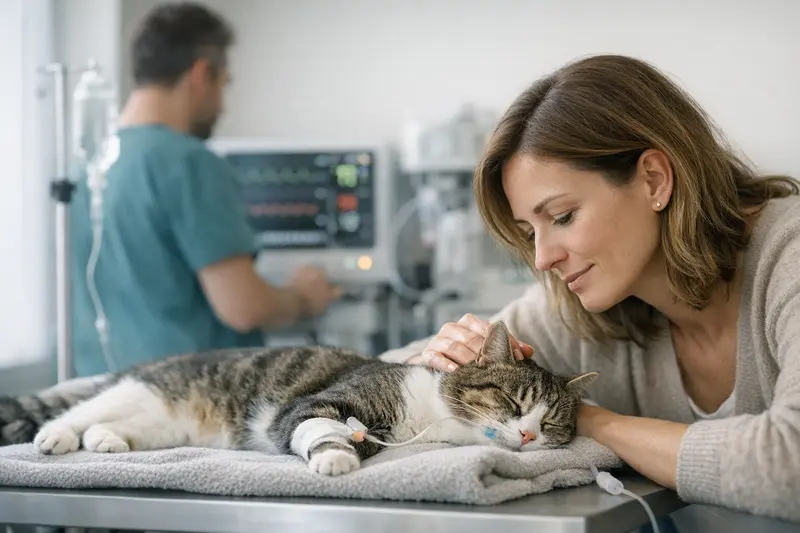 Wichtige Aspekte bei OP-Leistungen für Katzen Tierarzt untersucht Katze vor einer Operation unter Berücksichtigung aller relevanten OP-Leistungen.