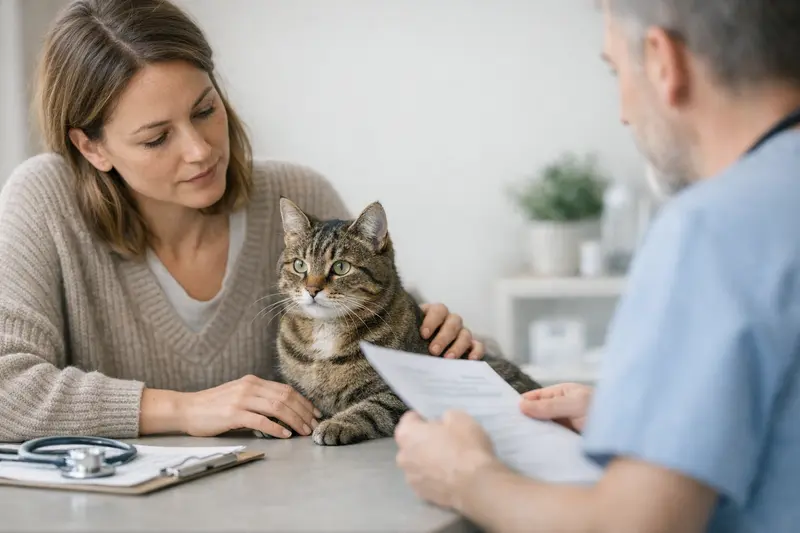 Eine Katze wird von einem Tierarzt untersucht, um Fragen zur Krankenversicherung zu klären.